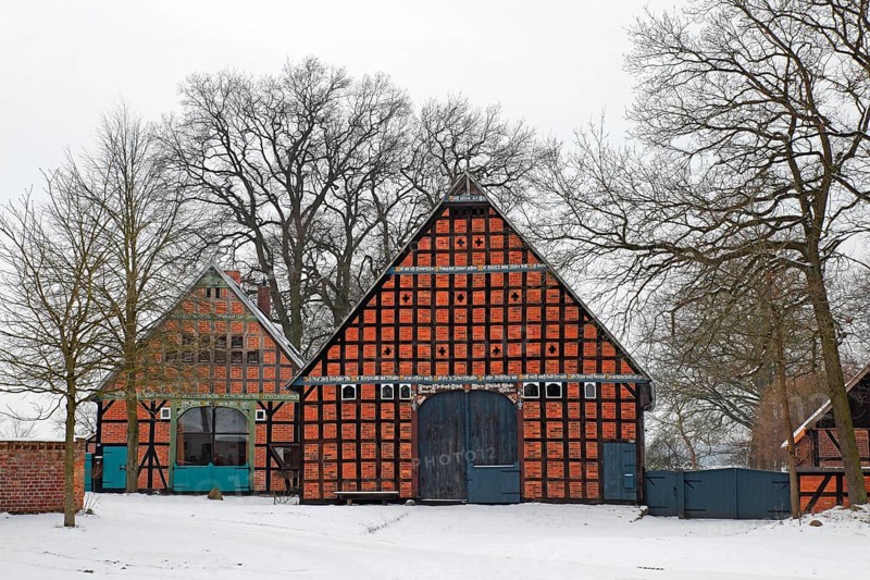 Historic Lower Saxon half-timbered houses in rundling village of Jabel
