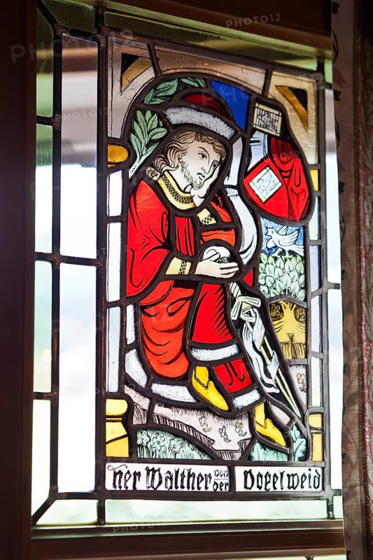 Stained glass window depicting Walther von der Vogelweide