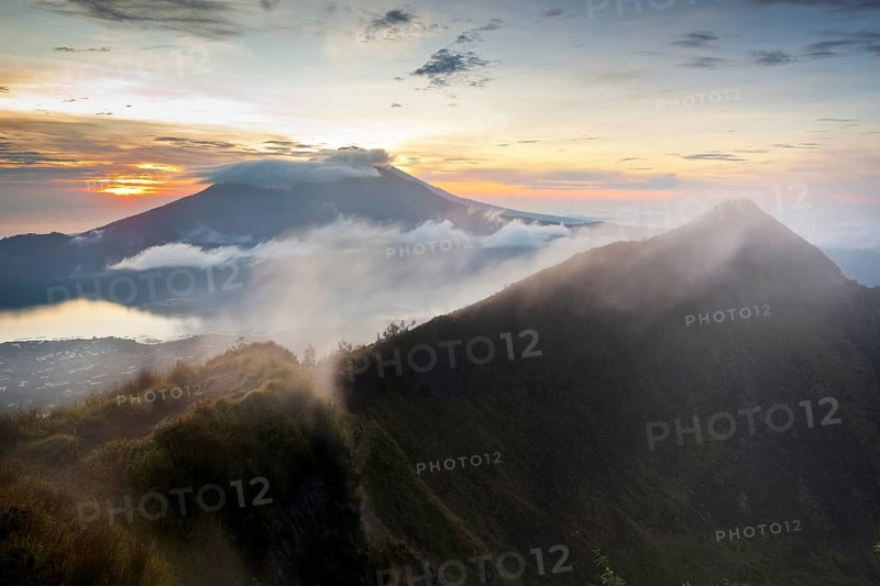 Batur Volcano and Lake Batur at sunrise