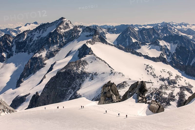 Mountaineers climbing a glacial field to the summit of Mt Schwarzenstein