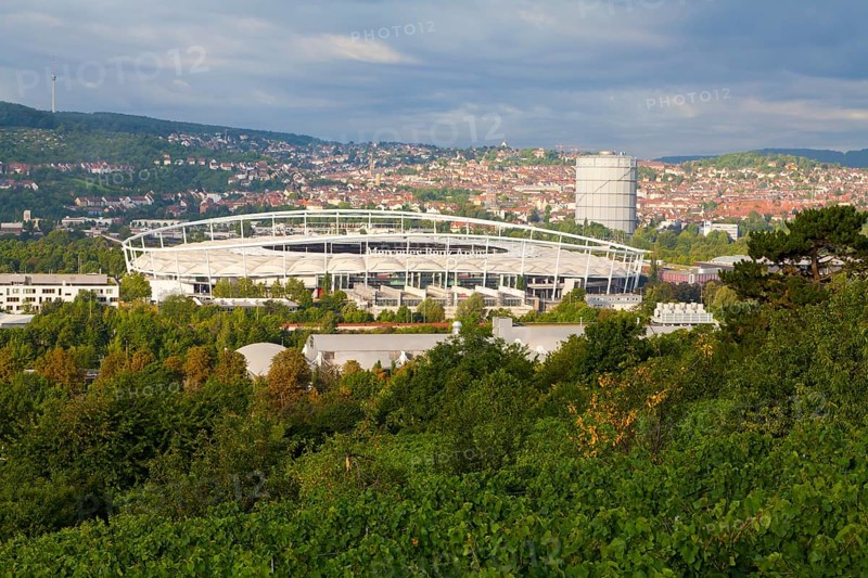 View across vineyards to the Mercedes-Benz Arena