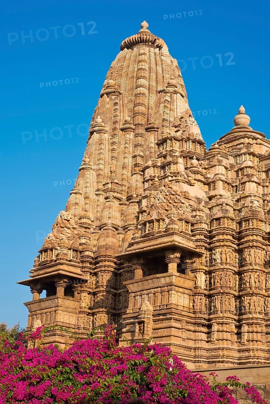 Hindu temple with flowering bougainvillea