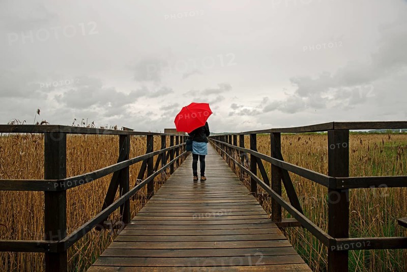 Woman holding a red umbrella while standing on a wooden pier