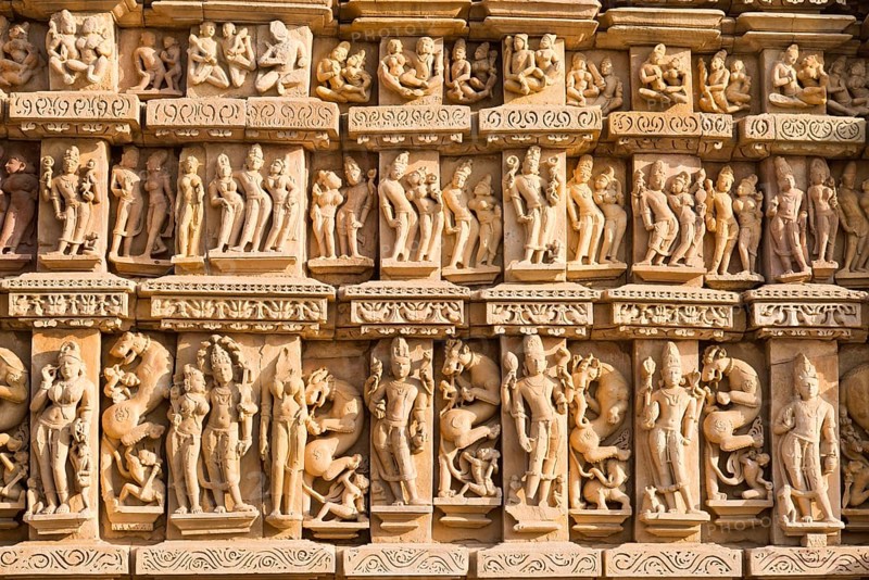 Relief sculptures of gods and men on the facade of the Parshvanath Temple