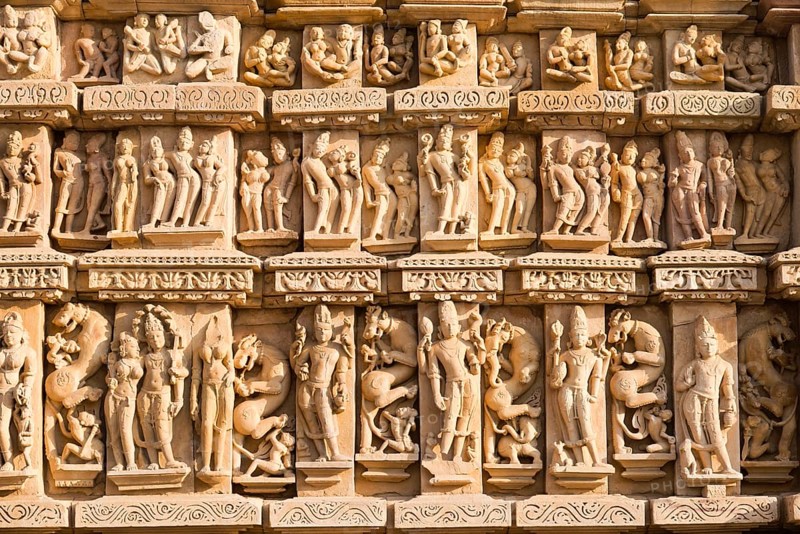 Relief sculptures of gods and men on the facade of the Parshvanath Temple