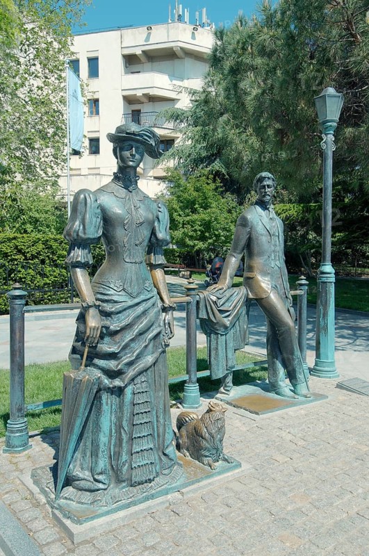 Bronze monument Anton Chekhov and Lady with the Dog
