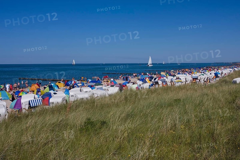 Coast with roofed wicker beach chairs on a beach