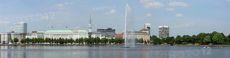 Panoramic view of the Inner Alster Lake with Alster Fountain