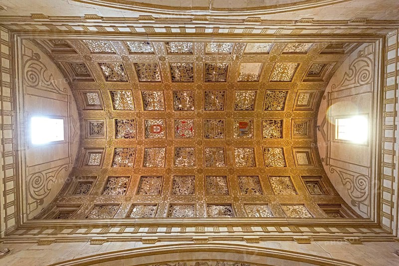 Hall with a coffered ceiling and historical shields of Portugal