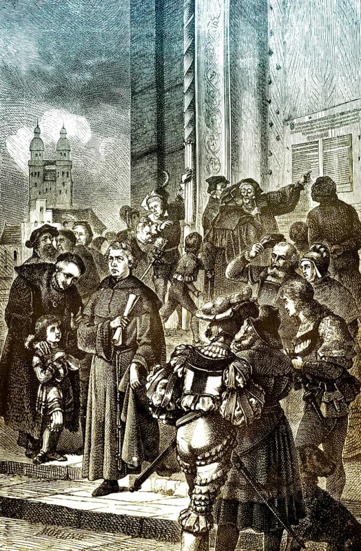 Martin Luther hammering his 95 theses to the door of the Castle Church in Wittenberg