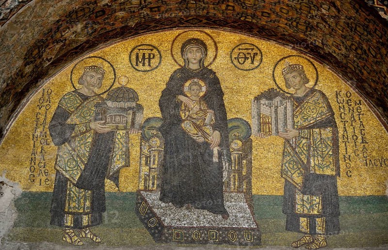 Virgin Mary with the baby Jesus between Emperor Constantine with a model of his new city of Constantinople and Justinian with the model of his new church