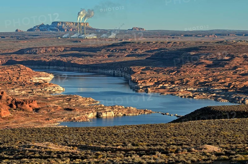 View over Lake Powell towards a coal power plant