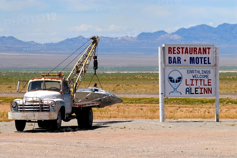UFO hanging on the tow hook in the car park of the "Little A'Le'Inn" pub