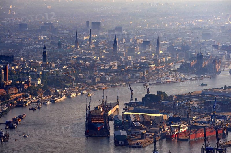 Blohm and Voss shipyard with floating docks in the Elbe River