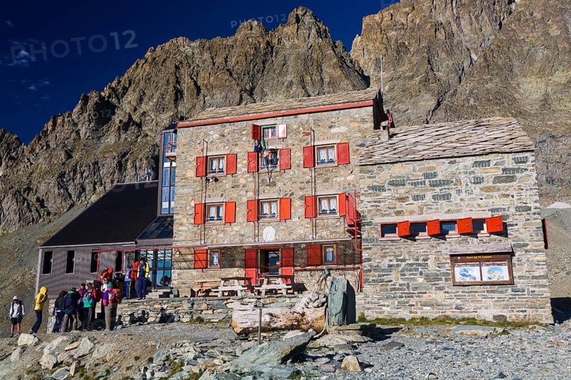Rifugio Quintino Sella mountain hut below  Monte Viso or Monviso Mountain