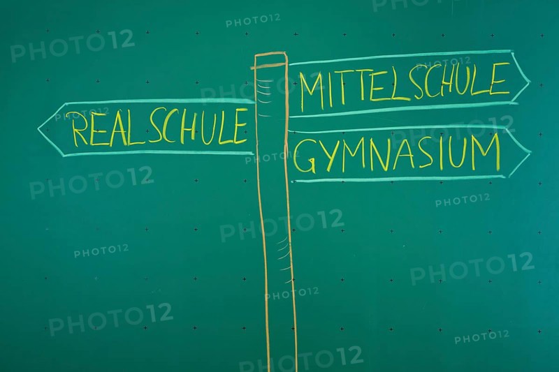 School signs drawn on a blackboard with the signpost directing to the varying types of German secondary schools