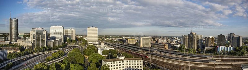 Skyline along the A40 motorway or Ruhrschnellweg with RWE Tower