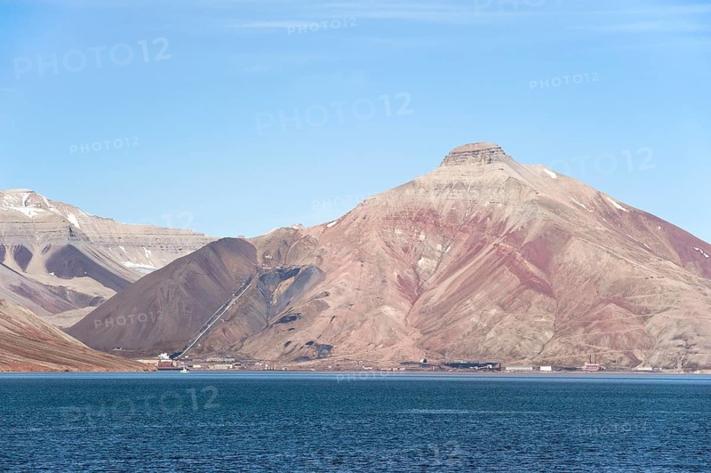 Abandoned Russian mining town of Pyramiden below the mountain of the same name