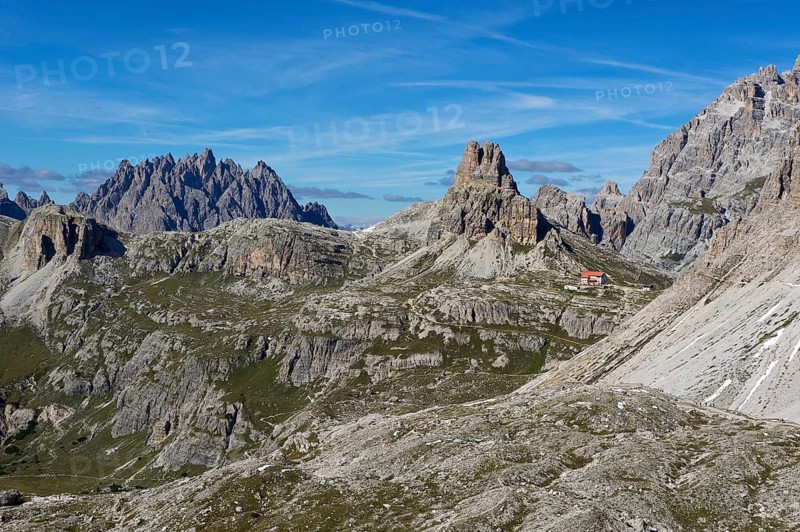 Dreizinnenhuette or Three Peaks Alpine hut with Toblinger Knoten Mountain