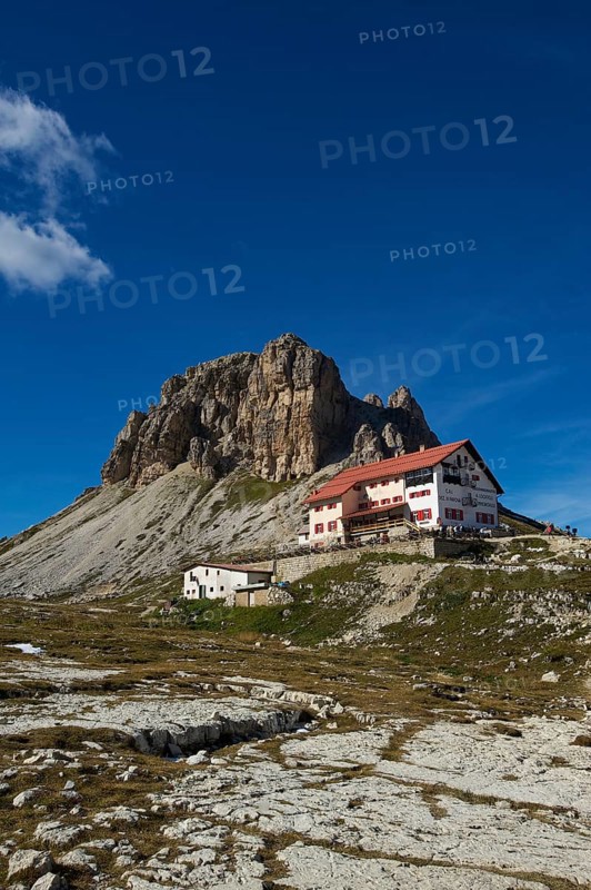Dreizinnenhuette or Three Peaks Alpine hut with Toblinger Knoten Mountain