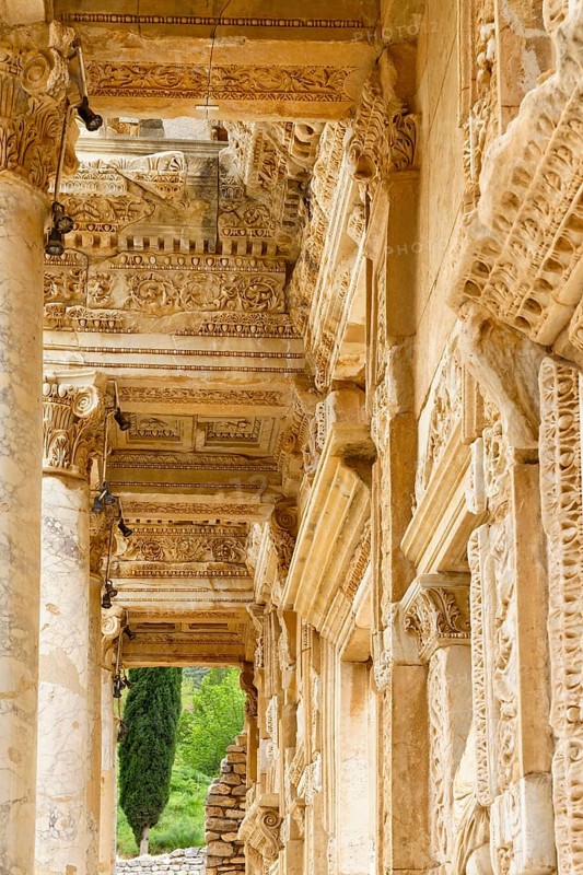 Ornate decorations on the top floor of the Library of Celsus