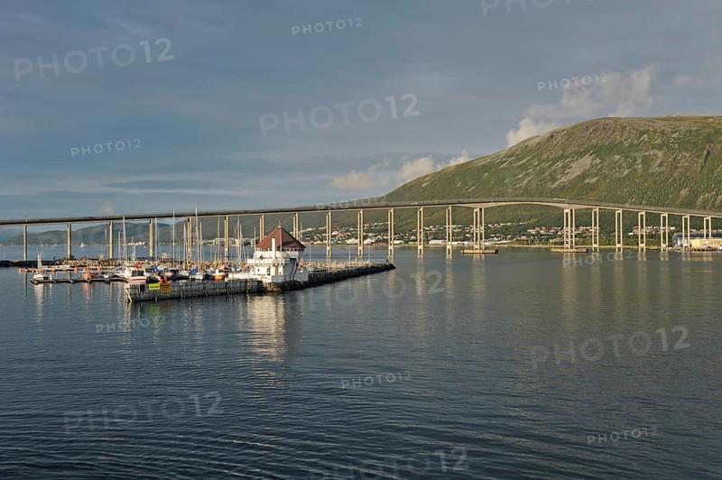 Tromsøsund with Tromsøbrua or Tromsø Bridge in evening light
