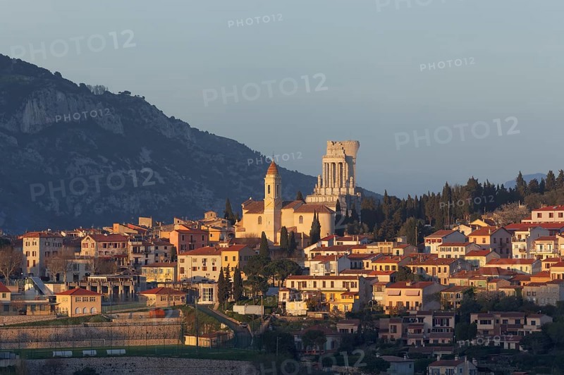 View over La Turbie with Tropaeum Alpium in the evening light