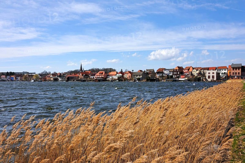 Townscape of the island town of Malchow and Malchow Lake