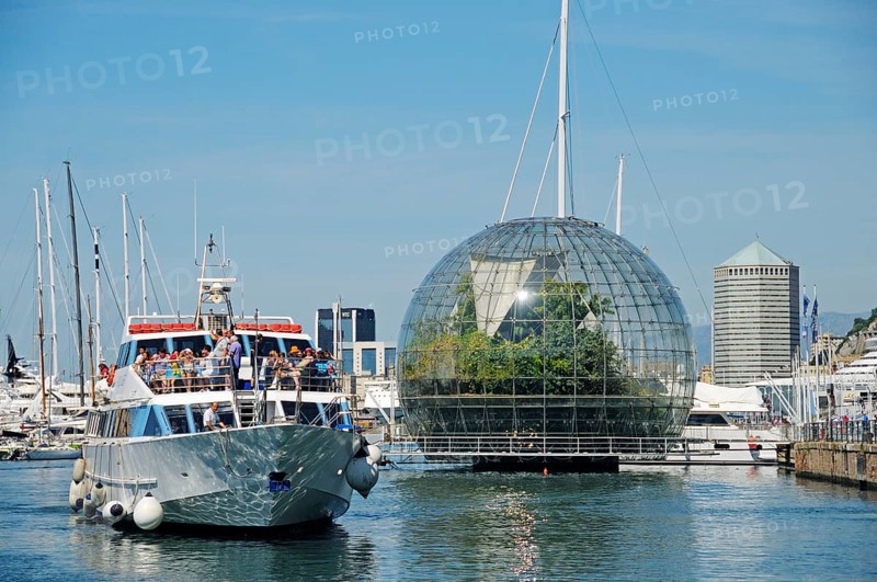 Excursion boat in front of the glass sphere "Biosfera"