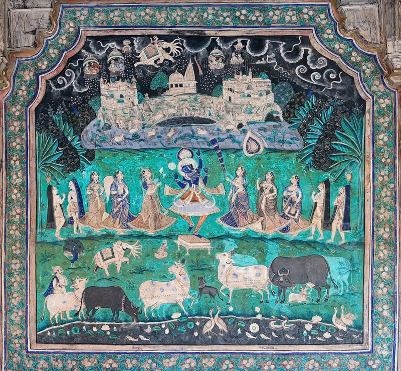 Pastoral god Krishna performing a miracle and lifting the Govardhan Mountain in the sky