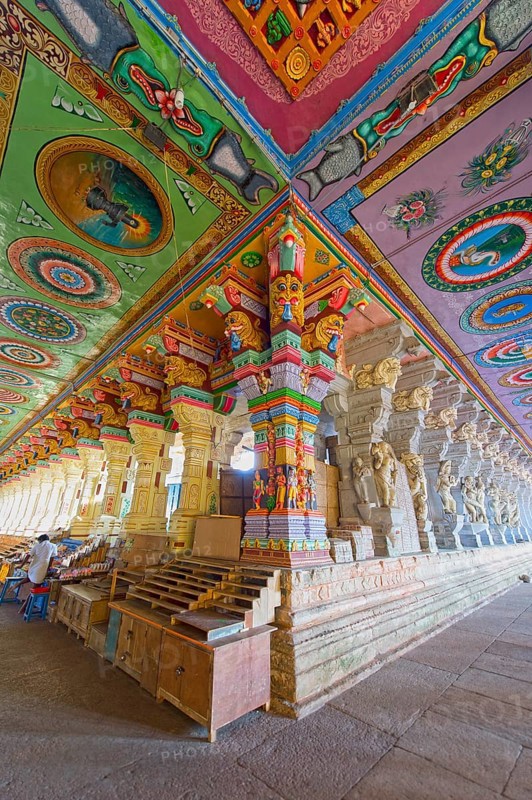 Colourfully painted pillars and ceiling