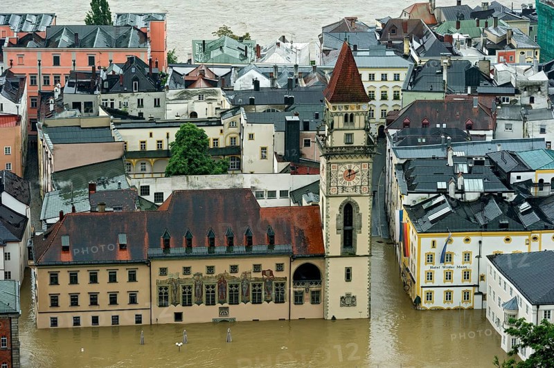 Historic town centre with the Town Hall and Hotel Wilder Mann during the flood on 3rd June 2013