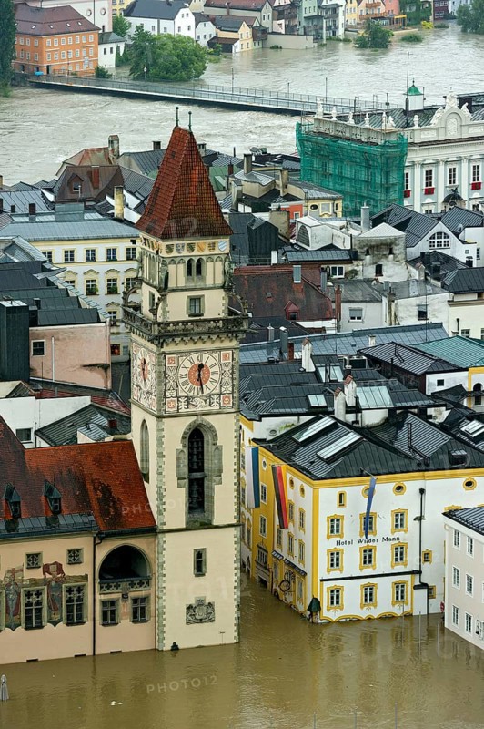 Historic town centre with the Town Hall and Hotel Wilder Mann during the flood on 3rd June 2013