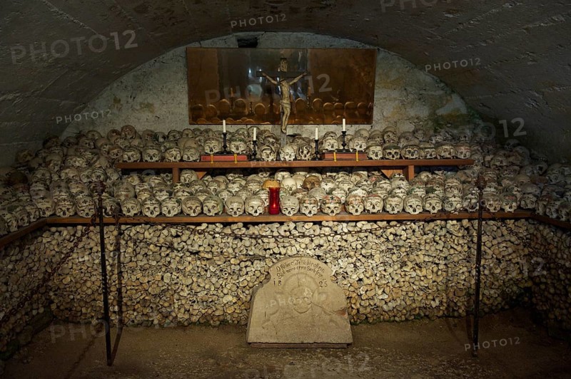Collection of skulls in the ossuary or charnel-house