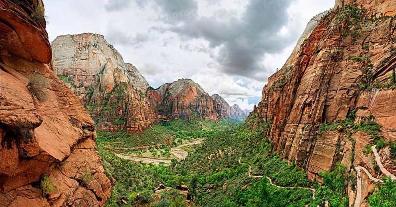 En route to Angels Landing on the West Rim Trail with views of the Great White Throne and Zion Valley