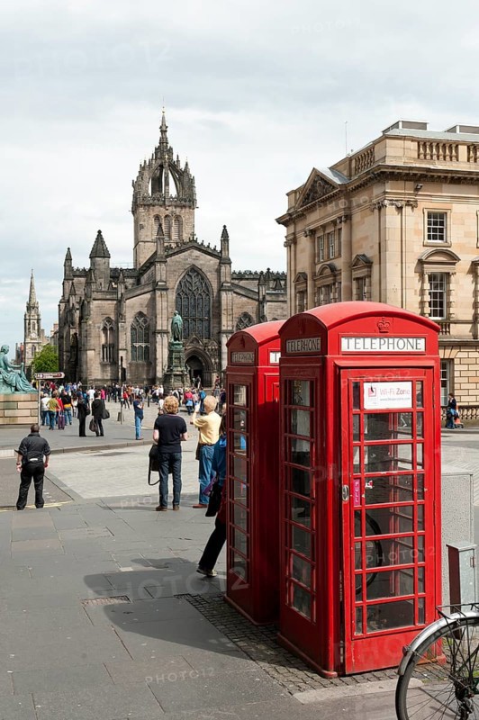 Red telephone boxes in the historic town centre