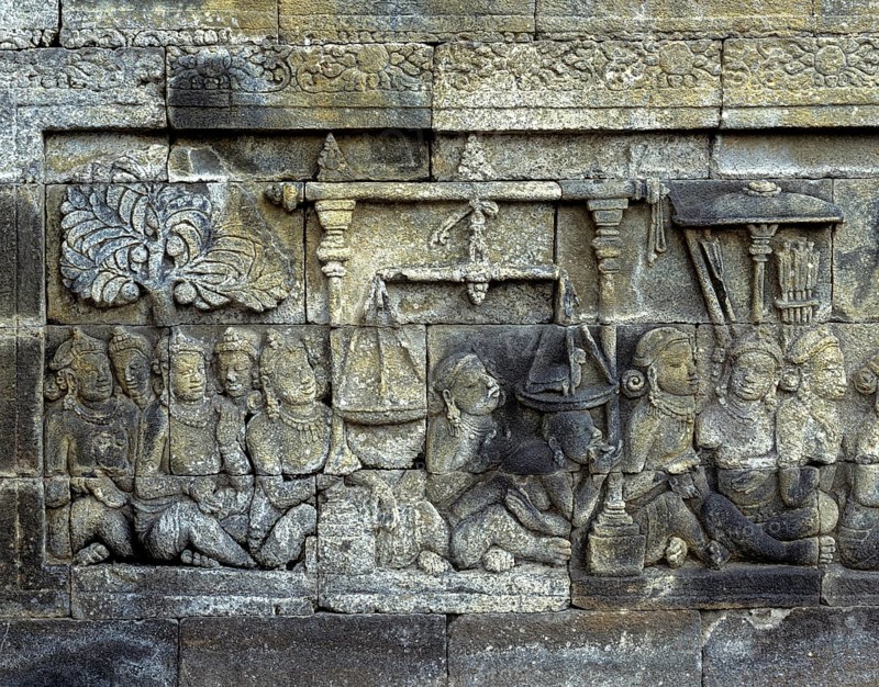 Detail of a wall relief of the temple complex of Borobudur