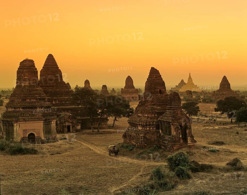 Field with ruins of Buddhist pagodas and temples