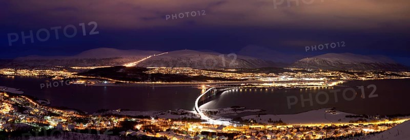 Bridge over fjord at night