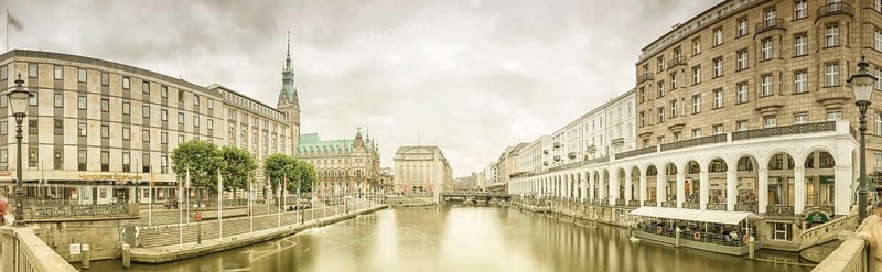 Panorama of Little Lake Alster with City Hall and the Alster Arcades