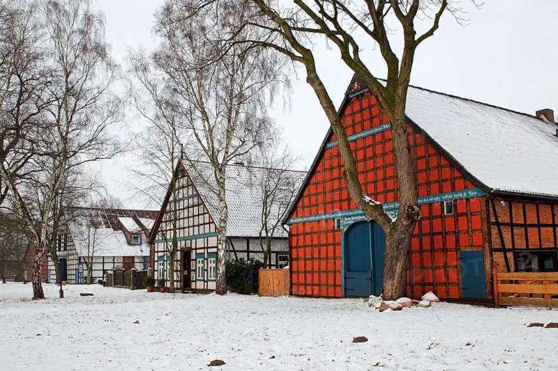 Historic Lower Saxon half-timbered houses at rundling village of Satemin