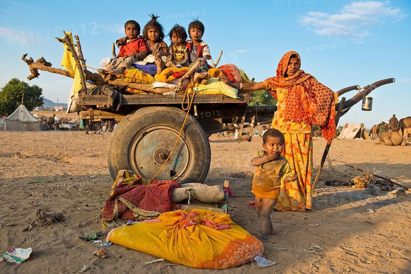 Four children sitting on a camel cart
