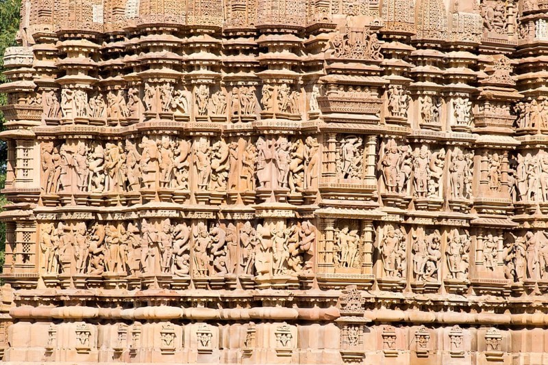 Relief sculptures of gods and men on the façade of the Kandariya Mahadeva temple