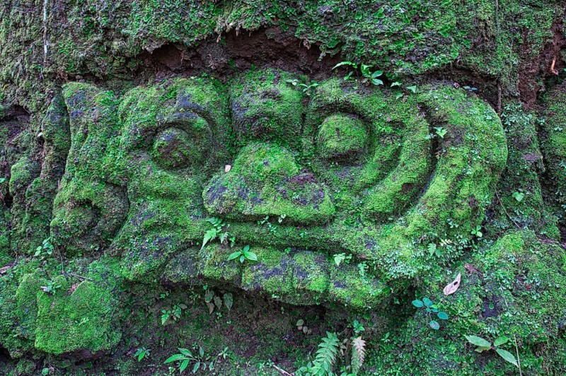 Moss-covered sculpture in the forest