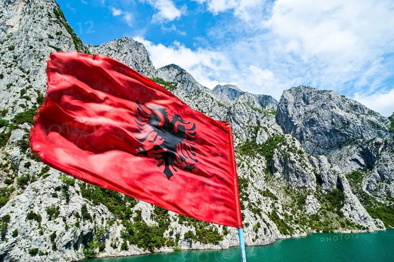 Albanian flag on the Koman water reservoir