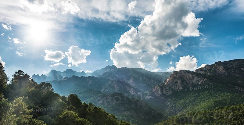 Rocky landscape with pines and cloudy sky