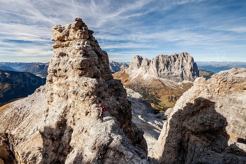 Mountaineers during the ascent of the Piz Selva on the Possnecker vai ferrata in the Sella group at Sella Pass