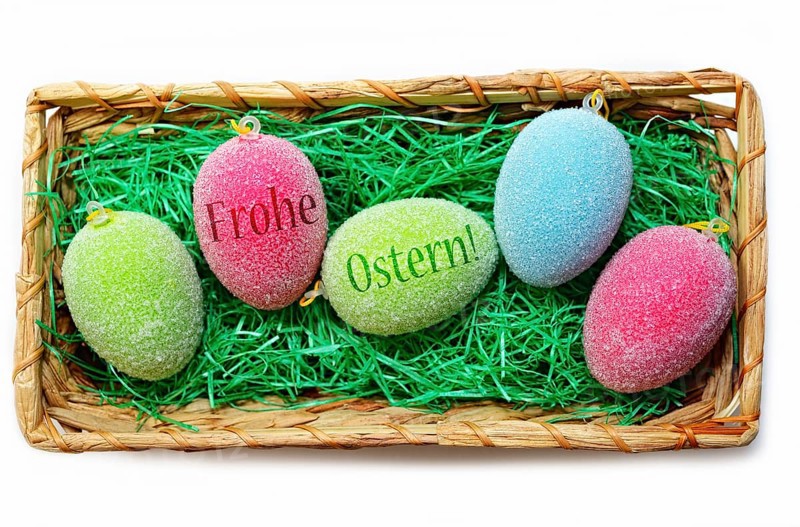 Colorful Easter eggs in an Easter basket