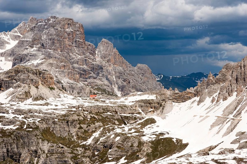 Rifugio Locatelli alle Tre Cime or Drei Zinnen Hutte and mountain Lastron dei Scarperi or Schusterplatte
