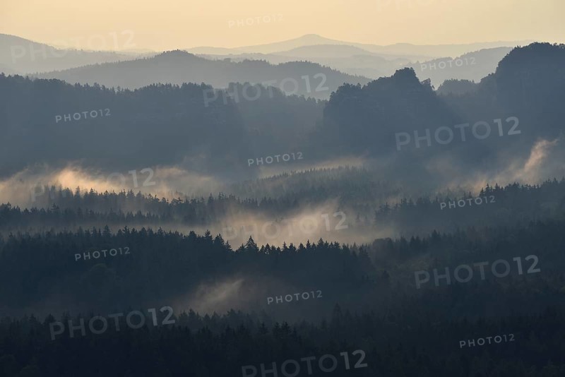 Fog and haze in the morning in the Elbe Sandstone Mountains